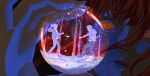  @_@ absurdres blonde_hair chainsaw_man commentary denji_(chainsaw_man) domiiomii english_commentary hair_between_eyes hayakawa_aki highres limited_palette looking_at_another makima_(chainsaw_man) orange_eyes parted_lips red_hair short_hair snow snow_globe snowball snowball_fight snowing tree 