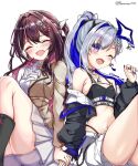  2girls amane_kanata amane_kanata_(lock_on) asymmetrical_clothes azki_(4th_costume)_(hololive) azki_(hololive) belt black_choker black_sports_bra blush braid breasts choker collarbone collared_dress colored_inner_hair commentary_request dress earrings from-moon grey_hair hair_between_eyes hair_ornament halo highres holding holding_hands hololive jewelry long_hair long_sleeves looking_at_viewer midriff multicolored_hair multicolored_nails multiple_girls nail_polish navel official_alternate_costume official_alternate_hair_length official_alternate_hairstyle one_eye_closed open_mouth pink_eyes pink_hair pink_streaks ponytail purple_eyes purple_hair purple_nails shirt simple_background single_hair_intake sitting small_breasts smile sports_bra star_halo streaked_hair virtual_youtuber white_background 