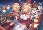  2girls absurdres adapted_costume alice_(genshin_impact) black_gloves blonde_hair blush boots bow bowtie box breasts brown_boots brown_gloves building capelet christmas cleavage closed_eyes clothing_cutout commentary_request dodoco_(genshin_impact) dress elf flying fur-trimmed_capelet fur-trimmed_dress fur-trimmed_headwear fur-trimmed_sleeves fur_trim genshin_impact gift gift_bag gift_box glove_cutout gloves hair_between_eyes happy hat heart_cutout highres holding holding_box klee_(genshin_impact) large_breasts long_hair long_sleeves looking_at_viewer medium_breasts mondstadt_city mother_and_daughter multiple_girls night night_sky one_eye_closed open_mouth orange_eyes outdoors pointy_ears ponytail red_bow red_bowtie red_capelet red_dress red_hat sack santa_costume santa_dress santa_hat sleigh smile snowing teeth thighhighs upper_teeth_only waving white_thighhighs windmill witch witch_hat yuno_kaihara 