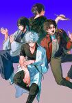  4boys bandage_over_one_eye black_hair black_kimono black_pants black_shirt blue_background blue_hakama blue_kimono brown_hair closed_mouth coat commentary gintama gradient_background grey_kimono hadanugi_dousa hakama hand_up highres holding holding_smoking_pipe ikaooi1 invisible_chair japanese_clothes katsura_kotarou kimono kiseru long_hair long_sleeves looking_at_viewer male_focus multiple_boys open_clothes open_coat open_mouth pants purple_background purple_hair red-tinted_eyewear red_coat round_eyewear sakamoto_tatsuma sakata_gintoki sandals shirt short_hair short_sleeves sitting smile smoking_pipe sunglasses tabi takasugi_shinsuke tinted_eyewear twitter_username white_hair white_kimono wide_sleeves zouri 