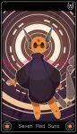  1other absurdres black_eyes black_robe border cable card_(medium) casver_w character_name circle colored_skin commentary english_commentary facial_mark highres humanoid_robot iterator_(rain_world) looking_at_viewer no_mouth no_nose rain_world robe robot solo yellow_skin 