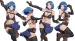  1girl armpit_crease arms_up ass asymmetrical_clothes asymmetrical_legwear back bare_shoulders belt belt_pouch bikini bikini_top_only black_bikini black_gloves black_pants black_thighhighs blue_hair blue_skirt blunt_bangs bob_cut boots breasts brown_belt brown_boots brown_gloves chest_belt commentary detached_collar elbow_gloves feet_out_of_frame floating_hair from_side gloves half-skirt hands_up highres inverted_bob knee_pads knee_up large_breasts leg_wrap looking_at_viewer multiple_views navel original pants pleated_skirt pouch running_towards_viewer short_hair simple_background single_knee_pad single_pantsleg single_thighhigh skirt smile standing stomach swimsuit tbocart thighhighs white_background yellow_eyes 