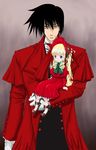  1girl alucard_(hellsing) ascot black_hair blonde_hair blue_eyes bonnet bow bowtie crossover doll drill_hair formal green_bow green_neckwear hellsing holding long_hair long_sleeves looking_at_viewer rozen_maiden shinku sidelocks sitting size_difference suit tousen twintails very_long_hair 