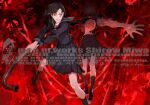  2girls back black_hair black_serafuku branded clenched_teeth dual_persona fox_hinako highres holding holding_lead_pipe lead_pipe looking_at_viewer mismatched_arms miwa_shirow monster_arm multiple_girls outstretched_arms sailor_collar school_uniform serafuku shimizu_hinako short_hair silent_hill_(series) silent_hill_f teeth torn_clothes torn_sleeve 