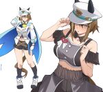  1girl absurdres animal_ears bare_shoulders black_shorts black_socks blue_eyes blush breasts bright_pupils brown_hair cheval_grand_(grand_itineraire)_(umamusume) cheval_grand_(umamusume) commentary ear_covers hair_between_eyes hat highres horse_ears horse_girl horse_tail kneehighs large_breasts looking_at_viewer meni_shuki_rush-sshu! midriff multicolored_hair multiple_views navel off_shoulder open_mouth pinepin shirt shoes short_hair short_hair_with_long_locks short_shorts shorts sidelocks simple_background socks standing streaked_hair tail umamusume white_background white_hat white_pupils white_shirt white_shoes white_streaks 