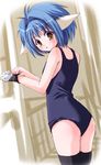  animal_ears blue_hair galaxy_angel gloves mint_blancmanche one-piece_swimsuit school_swimsuit shinshin short_hair solo swimsuit thighhighs 