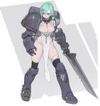  1girl armor armored_boots bandaged_head bandages bare_hips battle_damage black_socks boots braid breasts china_dress chinese_clothes cleavage cleavage_cutout clenched_teeth clothing_cutout commentary damaged dress english_commentary flower full_body green_eyes green_hair hair_between_eyes hair_flower hair_ornament highres holding holding_sword holding_weapon huge_weapon ki_min-woo kneehighs large_breasts looking_to_the_side medium_hair military original pauldrons pelvic_curtain revealing_clothes shoulder_armor side_braid signature single_braid single_pauldron skindentation socks solo standing sword teeth warhammer_40k weapon white_background white_dress 