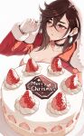  1girl black_choker blush breasts brown_eyes brown_hair cake choker cleavage collarbone commentary_request dandadan dress earrings food fruit fur-trimmed_dress fur-trimmed_jacket fur_trim gloves hair_between_eyes hand_up highres jacket jchoy jewelry long_hair medium_breasts merry_christmas momo_(amaetai_hi_wa_soba_ni_ite) open_clothes open_jacket red_dress red_jacket santa_costume simple_background solo strawberry white_background white_gloves 