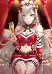  1girl alcohol animal_ears aqua_eyes bare_shoulders blush breasts champagne champagne_flute cleavage cleavage_cutout closed_mouth clothing_cutout commentary_request cup drinking_glass eyes_visible_through_hair fake_animal_ears feet_out_of_frame fishnet_thighhighs fishnets fur-trimmed_skirt fur_trim grey_hair hair_ornament hair_over_one_eye hairband highres holding large_breasts long_hair looking_at_viewer nail_polish navel original rabbit_ears red_hairband red_nails red_skirt sakiyamama signature sitting skirt smile solo stomach thighhighs thighs 