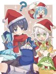 2boys 2girls ? alternate_costume aqua_hair aqua_kimono arama_(genshin_impact) aranara_(genshin_impact) ararycan_(genshin_impact) arms_up black_bodysuit black_bow black_bridal_gauntlets black_shorts blonde_hair blue_cape blue_gem blue_ribbon blunt_ends blush bodysuit boots border bow box bracelet braid bridal_gauntlets brown_background cape center-flap_bangs christmas christmas_stocking closed_eyes cross-shaped_pupils diffraction_spikes double_v facing_viewer fake_facial_hair fake_mustache faruzan_(genshin_impact) fingernails fur-trimmed_boots fur-trimmed_cape fur-trimmed_headwear fur_trim gem genshin_impact gift gift_box gold gold_ring green_eyes green_hair green_pupils grey_eyes grey_hair grey_pupils hair_between_eyes hair_bow hair_ornament hakama hakama_shorts hand_up hat highres holding holding_gift holding_sack indian_style jacket japanese_clothes jewelry juban kaveh_(genshin_impact) kimono knees_up leg_warmers long_hair long_sleeves looking_at_viewer low_twin_braids middle_ring mugi062 multicolored_hair multiple_boys multiple_girls nahida_(genshin_impact) official_alternate_hairstyle open_clothes open_hand open_kimono open_mouth pleated_shorts pointy_ears pom_pom_(clothes) red_boots red_cape red_hat red_jacket red_scarf red_sleeves ribbon sack santa_costume santa_hat scaramouche_(genshin_impact) scarf short_sleeves shorts sidelocks sitting spoken_character streaked_hair sweatdrop symbol-shaped_pupils tareme toeless_legwear toes twin_braids twintails v wanderer_(genshin_impact) white_border white_hair white_kimono white_leg_warmers white_sleeves white_trim wispy_bangs x_hair_ornament yellow_bow 
