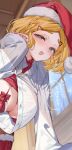  1girl bikini bikini_under_clothes blonde_hair blush braid breasts cleavage commentary_request crown_braid fur-trimmed_bikini fur-trimmed_headwear fur-trimmed_legwear fur-trimmed_thighhighs fur_trim green_eyes hair_ornament hat looking_at_viewer medium_breasts open_clothes open_mouth open_shirt parted_bangs pointy_ears princess_zelda red_bikini red_hat red_thighhighs santa_bikini santa_costume santa_hat shirt short_hair shuri_(84k) smile solo swimsuit the_legend_of_zelda the_legend_of_zelda:_tears_of_the_kingdom thick_eyebrows thighhighs white_shirt 