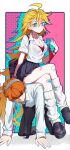  1boy 1girl alternate_breast_size_(larger) bag bandages blonde_hair blue_eyes bra bracelet breasts brief_(psg) cleavage couple earrings freckles green_eyes hair_over_eyes hashtag-only_commentary headphones hetero highres human_chair human_furniture jewelry kneehighs legs long_hair looking_at_viewer necktie orange_hair panty_&amp;_stocking_with_garterbelt panty_(psg) red_bra school_uniform shoes sitting sitting_on_person skirt smile socks underwear uuunagidon 