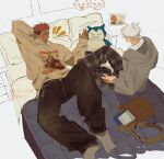  >_< 2boys :d :p absurdres alternate_skin_color arm_behind_head artist_name back badge bag baggy_pants belt black_belt black_nails black_pants bridge_piercing brown_bag button_badge character_print commentary cover crew_cut denim doodle_inset ear_piercing english_commentary eyebrow_piercing face_piercing facial_tattoo film_grain full_body gojou_satoru grey_hoodie grey_socks gundam head_on_pillow highres hood hoodie indoors jeans jewelry jujutsu_kaisen knee_up light_smile looking_at_another lying magazine_cover male_focus mobile_suit_gundam multiple_boys newtype notebook notice_lines on_back on_bed open_mouth oversized_sweater pants photo_(object) piercing pillow pink_hair plaid_clothes plaid_pants pokemon print_hoodie red_eyes ring rx-78-2_gundam ryoumen_sukuna_(jujutsu_kaisen) shirt shoulder_bag sitting sketch_background smile snakebite_(piercing) snorlax socks stuffed_toy tan tattoo teeth to_0fu tongue tongue_out unworn_bag wallet_chain white_hair white_hoodie white_shirt 