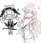  <|>_<|> 2girls ahoge anger_vein bikini blue_archive braid breasts cleavage halo hanako_(blue_archive) hanako_(swimsuit)_(blue_archive) head_wings holding holding_hose hose koharu_(blue_archive) long_hair lowres multiple_girls official_alternate_costume oga_yui_open open_mouth partially_unbuttoned pink_bikini pink_hair see-through_clothes see-through_shirt shirt simple_background smile swimsuit water wet wet_clothes white_background white_shirt wings 