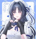  1girl black_eyes black_gloves black_hair blue_border blush border breasts cleavage commentary_request enmaided fingerless_gloves gloves hair_intakes heart heart_hands highres long_hair looking_at_viewer maid maid_headdress medium_breasts mole mole_under_eye official_alternate_costume one_eye_closed open_mouth parted_bangs smile solo soyogi_nrso tacet_mark_(wuthering_waves) upper_body white_background wuthering_waves yangyang_(wuthering_waves) 