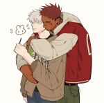  2boys absurdres alternate_costume alternate_skin_color arm_at_side blue_eyes bridge_piercing brown_hoodie colored_eyelashes cowboy_shot crew_cut denim ear_piercing face_piercing facial_tattoo facing_to_the_side food food_in_mouth gojou_satoru green_pants hand_on_another's_shoulder hand_on_another's_stomach hashtag-only_commentary height_difference highres holding holding_food holding_pocky hood hood_down hooded_jacket hoodie hug hug_from_behind jacket jeans jujutsu_kaisen letterman_jacket looking_ahead male_focus mole mole_under_eye multiple_boys notice_lines pants parted_lips piercing pink_hair plug_(piercing) pocky pocky_in_mouth print_hoodie rabbit red_jacket ryoumen_sukuna_(jujutsu_kaisen) short_hair simple_background sketch snakebite_(piercing) tan tattoo teeth to_0fu wallet_chain white_background white_eyelashes white_hair white_hood white_sleeves yaoi 