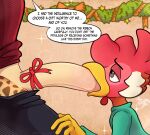  anthro avian balls bird boss_and_employee chicken clothed clothing comic dialogue digital_media_(artwork) duo erection fellatio galliform genitals giraffe giraffid male male/male mammal nude oral penile penis phasianid sex simple_background text zaryuzu_73 