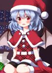  1girl bat_wings blue_hair blush boots box capelet christmas commentary_request completion_time dress full_body fur-trimmed_boots fur-trimmed_capelet fur-trimmed_dress fur-trimmed_gloves fur_trim gift gift_box gloves hair_between_eyes hat highres indoors knee_boots looking_at_viewer open_mouth plaid_clothes plaid_dress red_boots red_capelet red_dress red_eyes red_gloves red_hat remilia_scarlet ruu_(tksymkw) santa_costume santa_hat short_hair sitting solo touhou window wings 