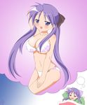  arm_behind_head bare_shoulders bikini breast_conscious breasts collarbone dreaming hair_ribbon hiiragi_kagami huge_breasts long_hair lucky_star navel purple_eyes purple_hair ribbon rodori_gesu saliva sleeping smile swimsuit twintails 