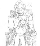 1girl 1other alternate_breast_size_(larger) arknights blush breasts chair commentary couch doctor_(arknights) drooling durin_(arknights) dwarf feet_out_of_frame gloves graphite_(medium) hand_on_chair hat hatching_(texture) highres hood hood_up hooded_jacket jacket large_breasts linear_hatching mask medium_hair monochrome mouth_drool on_couch oni_tengu pointy_ears scratching_cheek sitting size_difference sleeping small_sweatdrop spoken_sweatdrop sweatdrop traditional_media white_background 