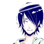  1boy black_hair eyes_closed hair_over_one_eye ichimoku_ren jigoku_shoujo lowres male male_focus simple_background smile solo 