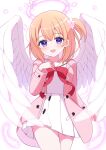  1girl :d absurdres angel angel_wings blurry bow breasts coat commentary_request cowboy_shot depth_of_field dot_nose eins_9 falling_petals feathered_wings feathers floating_neckwear flower flower_request from_below glowing glowing_feather glowing_halo gochuumon_wa_usagi_desu_ka? hair_flower hair_ornament half-closed_eyes halo hand_on_own_chest highres hoto_cocoa koi_(koisan)_(style) legs_together light_blush long_sleeves looking_at_viewer lower_lip_only medium_hair modesty_cover one_side_up open_clothes open_coat open_mouth orange_hair petals pink_coat pink_flower pink_halo pink_lips pink_raincoat pink_theme pleated_skirt purple_eyes purple_pupils raincoat red_bow sailor_collar shirt simple_background skirt smile soft_focus solo thighs translucent_wings white_background white_feathers white_sailor_collar white_shirt white_skirt wings 