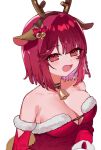  1girl animal_ears antlers atelier_(series) atelier_sophie bare_shoulders bell breasts cleavage cleavage_cutout clothing_cutout cowbell deer_ears dress horns looking_at_viewer open_mouth red_eyes red_hair reindeer_antlers ryuuno6 santa_costume santa_dress short_hair simple_background 