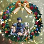  1boy 1girl anklet arm_at_side arm_on_knee armlet armor asymmetrical_sidelocks belt black_belt black_bodysuit black_bow black_bridal_gauntlets black_eyes black_hair black_sandals black_shorts blue_cape blue_gem blue_kimono blue_sleeves blunt_ends bodysuit bow bracelet bridal_gauntlets bright_pupils cape christmas_wreath closed_mouth cross-shaped_pupils crystalfly_(genshin_impact) detached_sleeves dress eyelashes feathers full_body garland_(decoration) gem genshin_impact gold gold_ring gold_trim green_eyes green_gem green_hair hair_intakes hair_ornament half_crown_braid han_(riyonosyumi) hand_up japanese_armor japanese_clothes jewelry juban kimono knee_up kote kurokote layered_sleeves leaf leaf_hair_ornament leg_warmers lens_flare long_hair looking_to_the_side mandarin_collar middle_ring multicolored_hair nahida_(genshin_impact) open_clothes open_hand open_kimono open_mouth pointy_ears pom_pom_(clothes) purple_rope purple_sash red_bow rope sandals sash scaramouche_(genshin_impact) short_sleeves shorts shoulder_peek side_ponytail sidelocks sitting socks split_mouth streaked_hair symbol-shaped_pupils tareme tassel toeless_socks toes tsurime vision_(genshin_impact) wanderer_(genshin_impact) white_bow white_dress white_hair white_kimono white_leg_warmers white_mouth white_pupils white_sleeves white_socks wreath yellow_background yellow_feathers zouri 