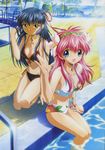  90s :d absurdres beach bikini black_bikini blue_eyes blue_hair breasts chair cleavage day duplicate floral_print flower front-tie_top galaxy_angel hair_flower hair_ornament half_updo hand_in_hair highres karasuma_chitose kimura_masahiro kneeling large_breasts light_rays long_hair milfeulle_sakuraba multiple_girls ocean official_art open_mouth outdoors palm_tree pink_hair pinup pool pool_ladder poolside scan side-tie_bikini sitting smile soaking_feet sunbeam sunlight swimsuit table tree water waving 