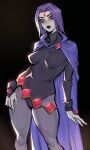 1girl black_background black_eyeshadow black_leotard black_lips cape cloak colored_skin commentary dc_comics english_commentary eyeshadow forehead_jewel grey_skin hand_on_own_thigh highres impossible_clothes impossible_leotard leotard looking_at_viewer makeup purple_cape purple_cloak purple_eyes raven_(dc) sleeved_leotard solo teen_titans ykshelter 