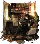  book chair crossed_legs cup glasses inkwell kunimitsu ladder male_focus pixiv_fantasia pixiv_fantasia_4 quill reading sitting solo steam 