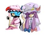  bangs blue_hair blunt_bangs coo hat head_tilt holding long_hair multiple_girls oekaki ofuda patchouli_knowledge profile purple_eyes purple_hair red_eyes remilia_scarlet short_hair smirk touhou tsurime 