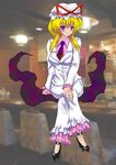  1girl advent_cirno alternate_costume blonde_hair blush business_suit commentary_request contemporary crossed_legs formal gap_(touhou) hat high_heels highres necktie pant_suit pants photo_background purple_eyes puyocha shoes short_hair sitting solo suit touhou white_suit yakumo_yukari 