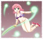  bikini detached_sleeves female final_fantasy final_fantasy_v full_body gradient gradient_background green_eyes high_heels jacket lenna_charlotte_tycoon mystic_knight open_mouth ottosei pink_hair see-through shoes short_hair solo swimsuit sword weapon 