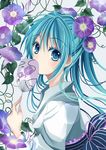  aqua_eyes aqua_hair fan flower hatsune_miku japanese_clothes kimono long_hair maria_(m-twi) morning_glory paper_fan solo uchiwa vocaloid yukata 