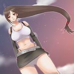  belt big_breasts breasts brown_hair earrings elbow_gloves female final_fantasy final_fantasy_vii fingerless_gloves gloves gradient gradient_background jewelry large_breasts long_hair midriff miniskirt nicorin outdoors red_eyes skirt sky solo suspenders tank_top tanktop tifa_lockhart 