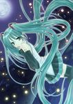  aqua_eyes aqua_hair bad_id bad_pixiv_id detached_sleeves dutch_angle hand_on_own_chest hatsune_miku long_hair moon night skirt solo thighhighs twintails very_long_hair vocaloid water yurina 