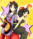  akiyama_mio alternate_hairstyle bad_id bad_pixiv_id bass_guitar black_eyes black_hair dress dual_persona fishnet_pantyhose fishnets food fruit gloves instrument k-on! listen!! long_hair microphone microphone_stand multiple_girls pantyhose red_legwear strawberry tsuchifumazu 