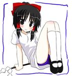  alternate_costume blush gohei gym_uniform hair_ribbon hakurei_reimu kazami_ruku kneehighs mary_janes ribbon shoes socks solo touhou 