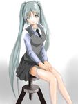  aqua_eyes aqua_hair bad_id bad_pixiv_id h016 hatsune_miku long_hair necktie simple_background sitting skirt solo stool sweater thighhighs twintails very_long_hair vocaloid 