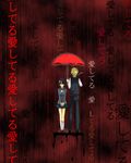  1girl bad_id bad_pixiv_id blonde_hair bob_cut breasts durarara!! glasses heiwajima_shizuo holding holding_umbrella kamuran_ran large_breasts legs pleated_skirt red_eyes school_uniform shared_umbrella short_hair skirt smoking sonohara_anri tuxedo umbrella v_arms vest 