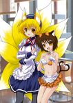  :d animal_ears bikini_top blonde_hair bow brown_hair carrot cat_ears cat_tail chen collarbone earrings fang fox_ears fox_tail gloves hair_bow heart heart_tail highres jewelry looking_at_viewer multiple_girls multiple_tails navel open_mouth pantyhose paw_pose short_hair smile tail touhou waitress yakumo_ran yellow_eyes yo-chaosangel 
