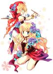  art_brush beret blonde_hair blue_eyes blue_flower blue_rose bow breasts celes_chere cleavage exyagi final_fantasy final_fantasy_vi flower hat long_hair medium_breasts multicolored multicolored_rose multiple_girls open_mouth paintbrush palette purple_flower purple_rose relm_arrowny rose short_hair smile 