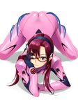  all_fours arm_support ass blue_eyes bodysuit glasses hairband highres long_hair makinami_mari_illustrious mumu neon_genesis_evangelion pink_bodysuit plugsuit purple_hair rebuild_of_evangelion solo top-down_bottom-up 