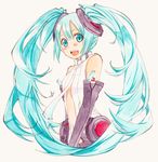  aqua_eyes aqua_hair bad_id bad_pixiv_id belt blush elbow_gloves gloves hatsune_miku hatsune_miku_(append) long_hair navel necktie open_clothes open_shirt sama shirt simple_background smile solo traditional_media twintails very_long_hair vocaloid vocaloid_append 