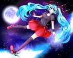  1girl aqua_eyes aqua_hair floating full_moon hair_ribbon hatsune_miku legs long_hair moon ribbon skirt smile solo space thighhighs twintails very_long_hair vocaloid 