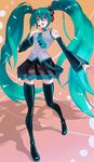  aqua_eyes aqua_hair bad_id bad_pixiv_id detached_sleeves hatsune_miku headphones headset highres karlwolf legs long_hair music necktie singing skirt smile solo thighhighs twintails very_long_hair vocaloid zettai_ryouiki 