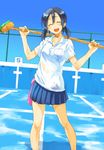  :d black_hair broom closed_eyes empty_pool happy legs mop open_mouth original pool sakamoto_atsumu short_twintails skirt smile solo twintails wet wet_clothes 