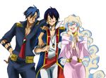  2boys arm_on_shoulder artist_request blue_hair closed_eyes dress earrings happy jewelry kamina laughing multicolored_hair multiple_boys nia_teppelin pink_dress simon tengen_toppa_gurren_lagann two-tone_hair 