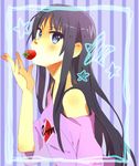  akiyama_mio bad_id bad_pixiv_id black_hair blue_eyes casual food fruit k-on! karuha listen!! long_hair solo strawberry 